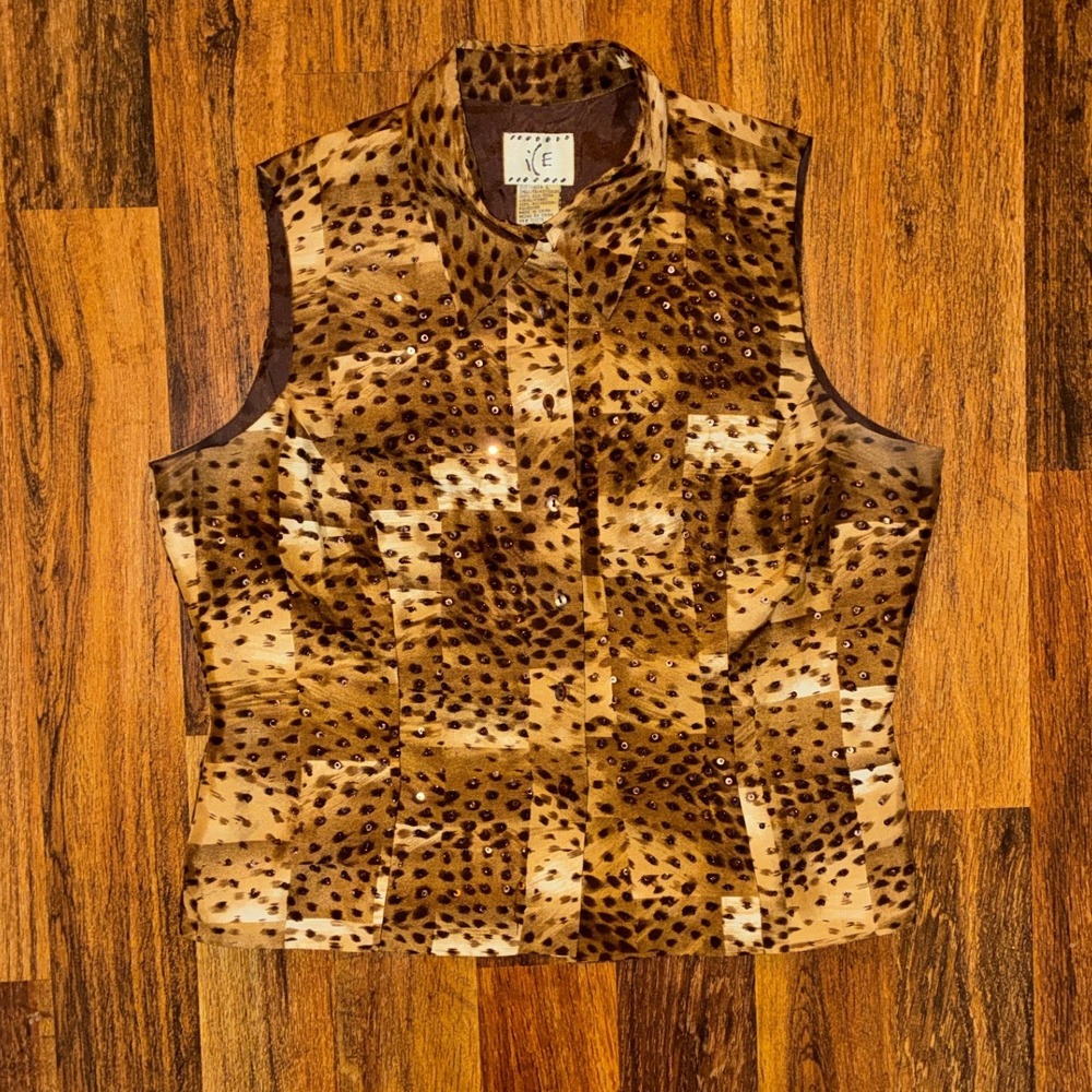 iCE Women Brown Leopard Print Beaded Sequin 100% Silk Sleeveless Blouse Size L
